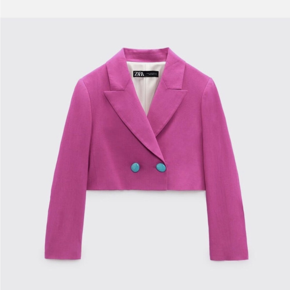 BLAZER ZARA LINEN BLEND DOUBLE-BREASTED CROPPED Pink MAGENTA Size S NWT